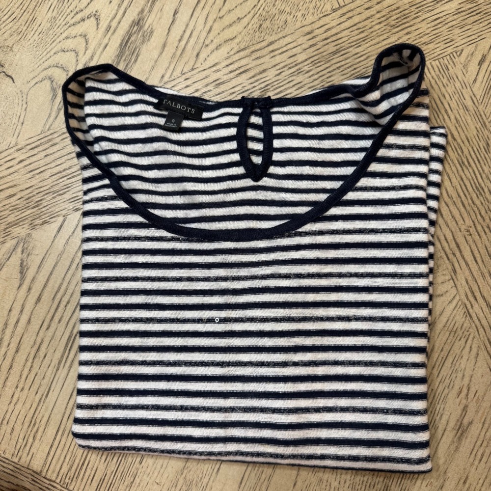 Talbots Women's Small Striped Navy Blue White Sequin Accent Tee Top